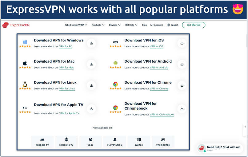 Screenshot showing some of the devices and platforms ExpressVPN supports