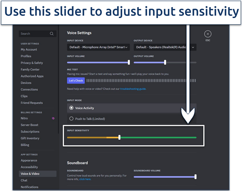 Screenshot showing how to adjust input sensitivity on Discord