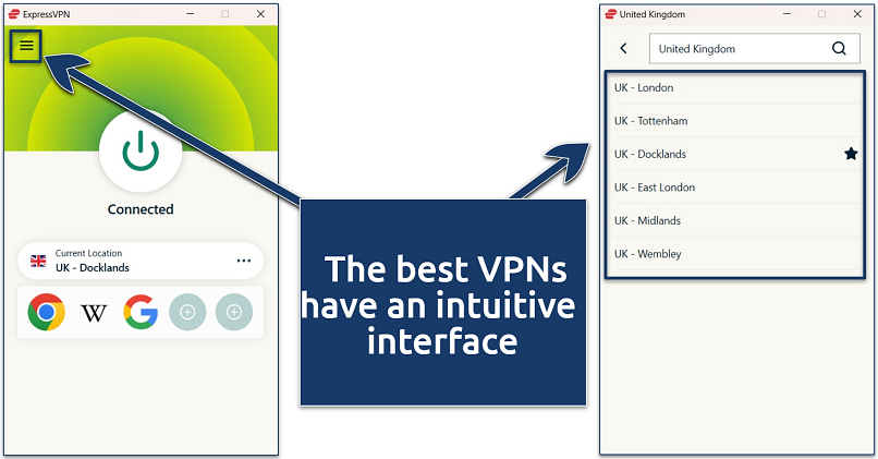 Screenshot of the ExpressVPN Windows VPN app connected to the UK - Docklands server