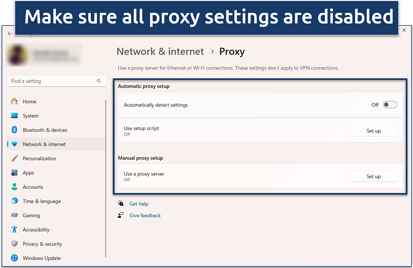 Screenshot of the Windows Network & Security, Proxy settings with everything disabled