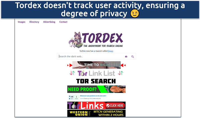 Screenshot of the TorDex search engine