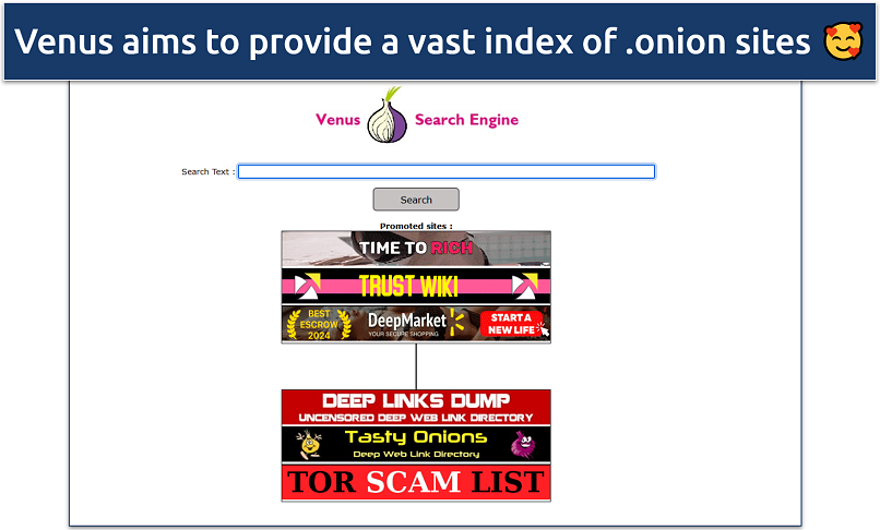 Screenshot of the Venus Search engine