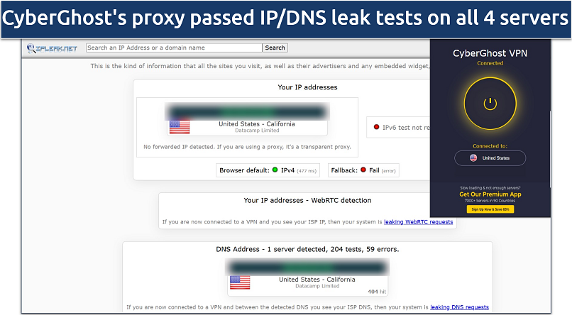 Image displaying the leak test of CyberGhost proxy on ipleak.net