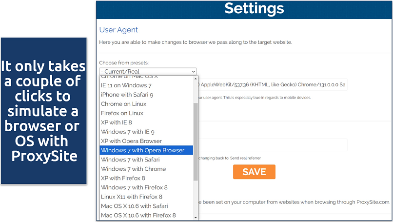 Image showing the ProxySite settings page that lets you simulate a browser or operating system