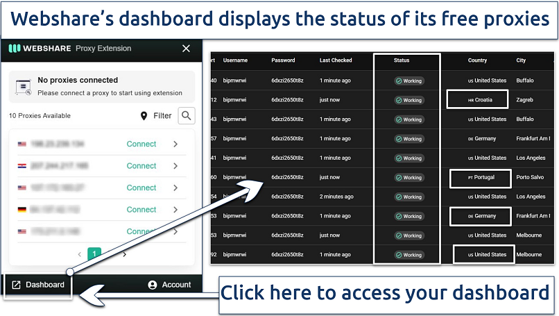 Image showing the Webshare Chrome browser extension and account dashboard