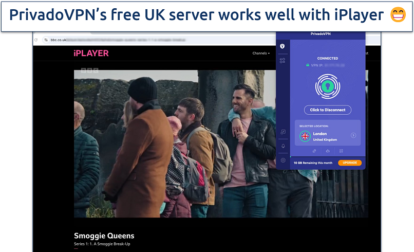 Screenshot of the BBC iPlayer streaming with the PrivadoVPN connected to the UK server