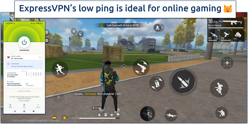 Screenshot of Free Fire gameplay with ExpressVPN connected