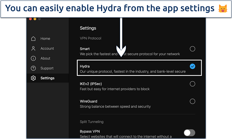 Screenshot showing how to enable Hotspot Shield's Hydra protocol