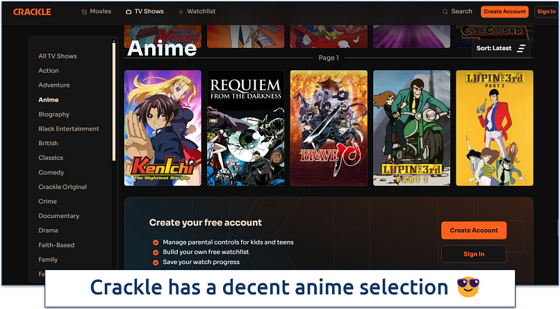 Screenshot of Crackle's anime selection