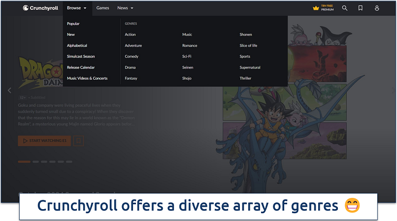 Screenshot of genre selection on Crunchyroll