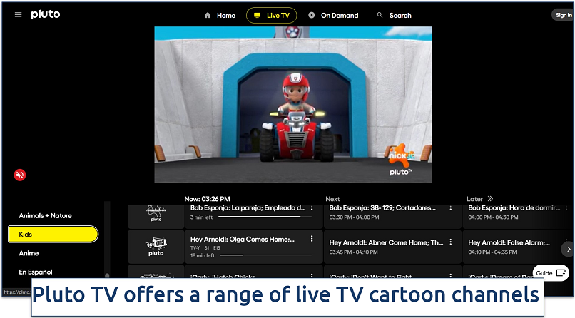 Screenshot of Nick Jr stream on Pluto TV