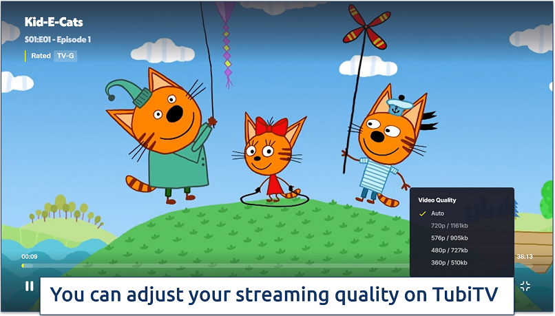 Screenshot of watching Kid-E-Cats on TubiTV with the option to adjust video quality