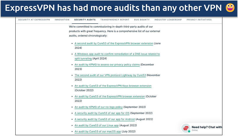 Screenshot of ExpressVPN's website showing its independent audits list