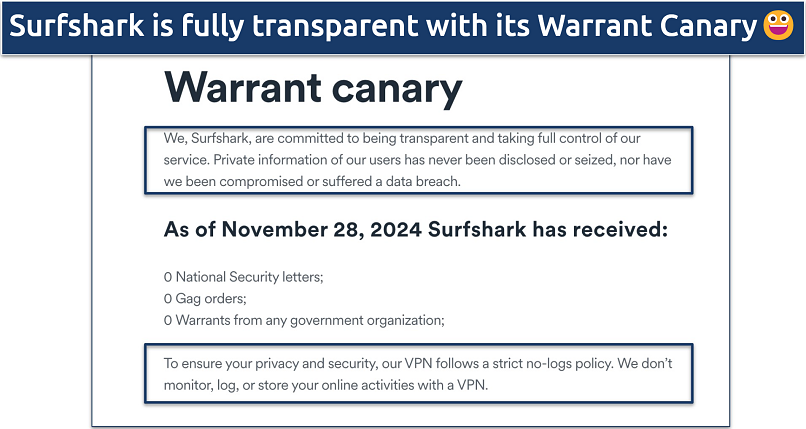 Screenshot of Surfshark's warrant canary