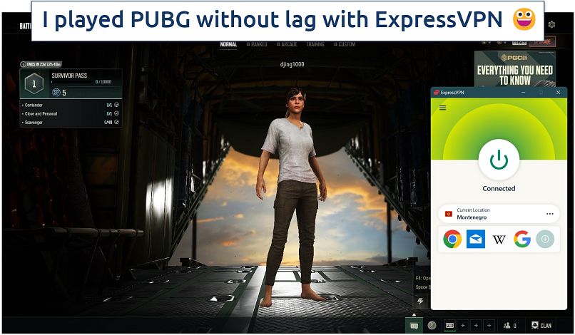 Screenshot of PUBG Battlefields on a PC with ExpressVPN connected to Montenegro