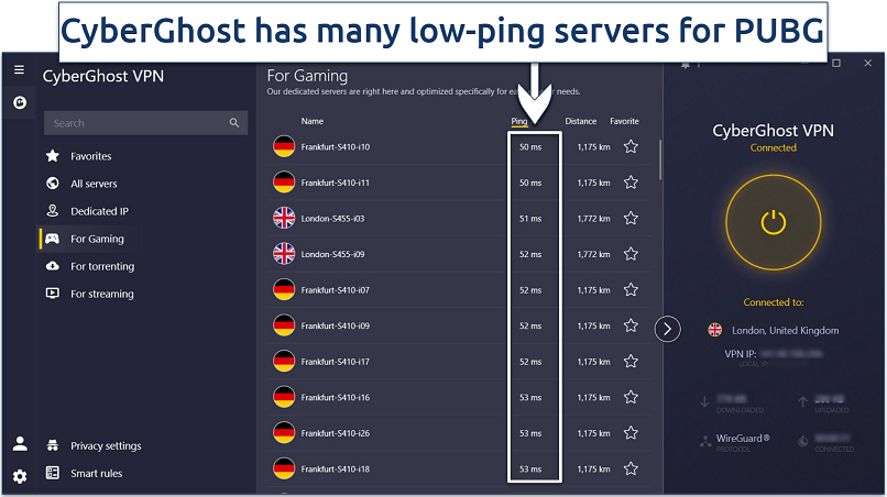 Screenshot of CyberGhost's gaming servers sorted by ping