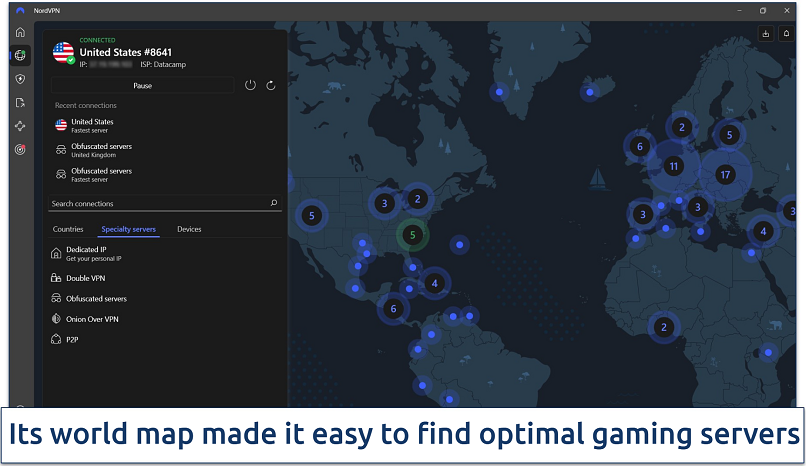 Screenshot of NordVPN's Windows interface with a map showing its server locations