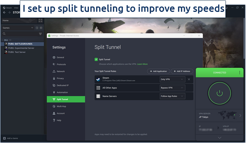 Screenshot of PIA's split tunneling options with Steam running in the background