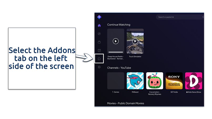 A screenshot showing how to access the Addons tab in Stremio