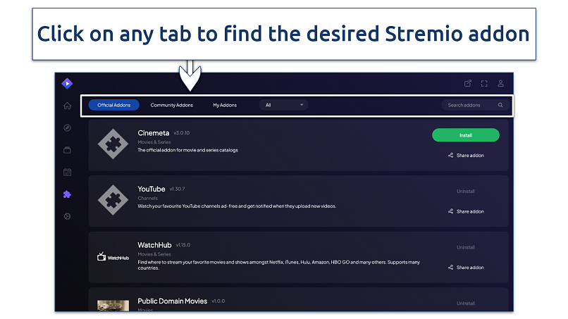 A screenshot showing how to find Stremio addons