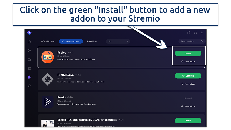 A screenshot showing how to install a Stremio addon