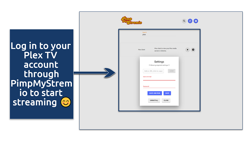 A screenshot showing how to use Plex TV via PimpMyStremio