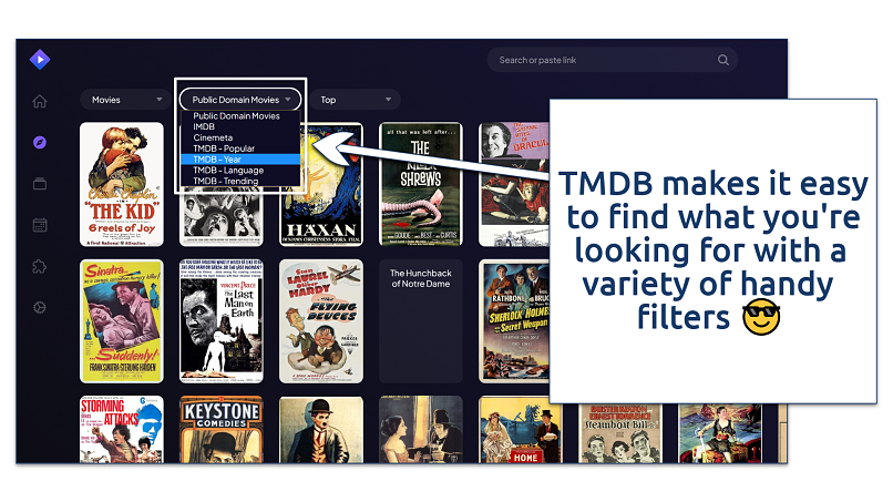 A screenshot showing TMDB addon filters in Stremio