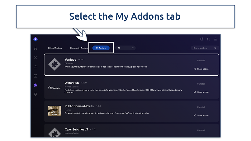 A screenshot showing how to find the My Addons tab in Stremio