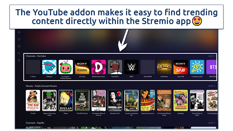 A screenshot showing YouTube channel icons in the Stremio interface