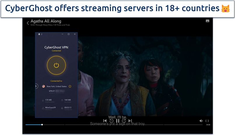 Screenshot of Agatha all along streaming on Disney+ with CyberGhost connected