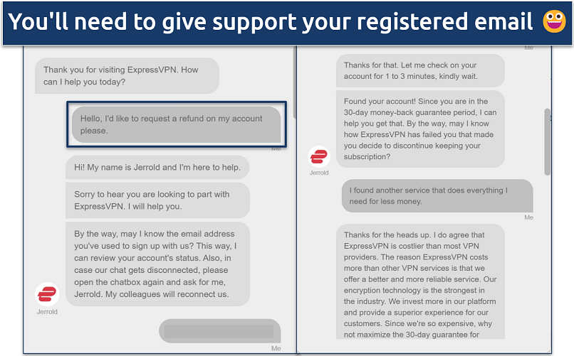 screenshot of a chat with ExpressVPN's support agent