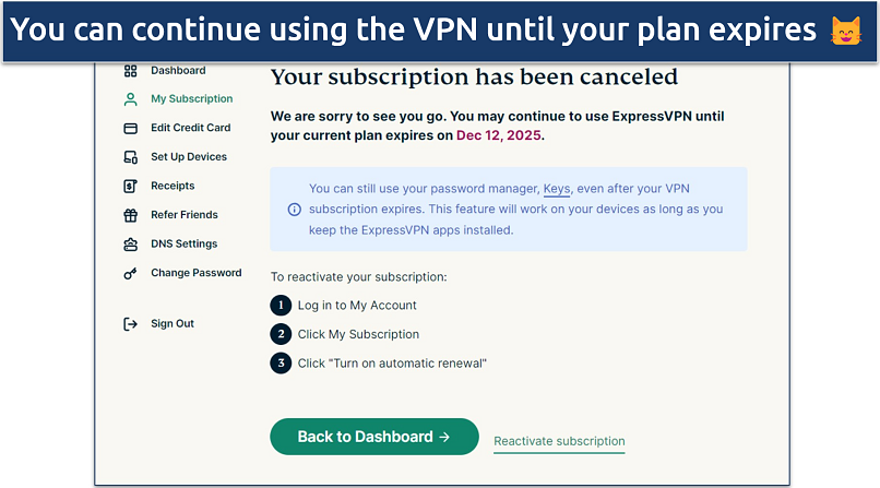 Screenshot of ExpressVPN cancellation confirmation