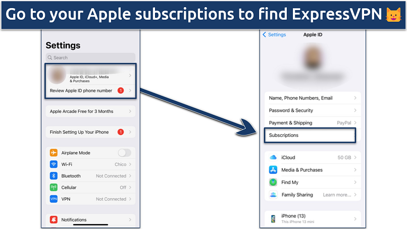 Screenshot showing how to cancel ExpressVPN on iPhone