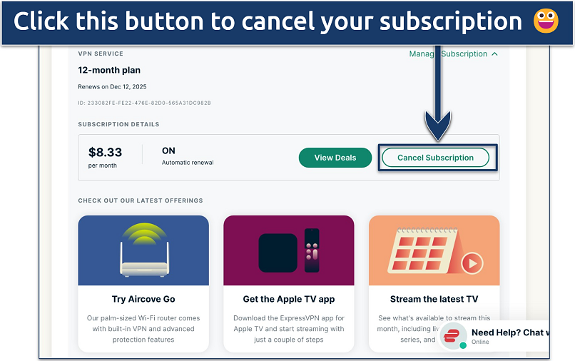 Screenshot showing how to cancel Expressvpn subscription