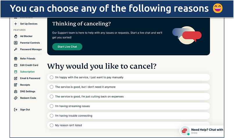 Screenshot of ExpressVPN asking the reason for cancellation