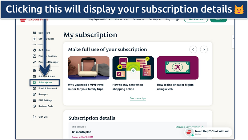 Screenshot showing how to access your subscription details