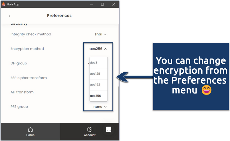 Screenshot showing how to change Hola's encryption