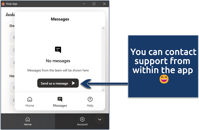 Screenshot showing Hola's message window in the app