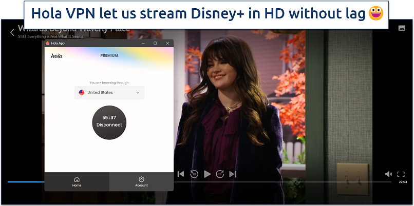 Screenshot of Disney+ streaming with Hola VPN connected