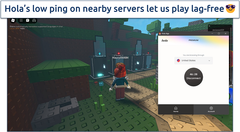 Screenshot of Roblox gameplay with Hola VPN connected