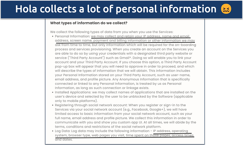 Screenshot of Hola's invasive privacy policy
