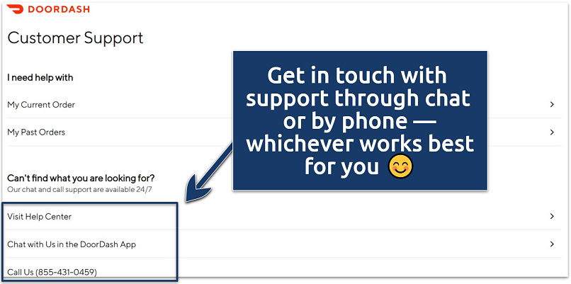 A screenshot of the DoorDash contacts page