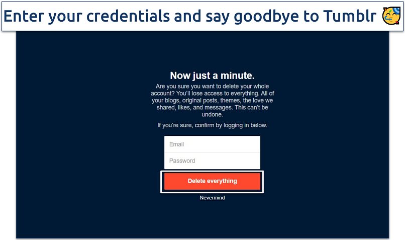 Screenshot of Tumblr account deletion confirmation
