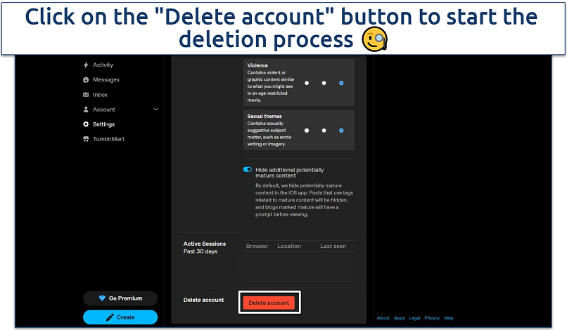 Screenshot of Tumblr Delete account