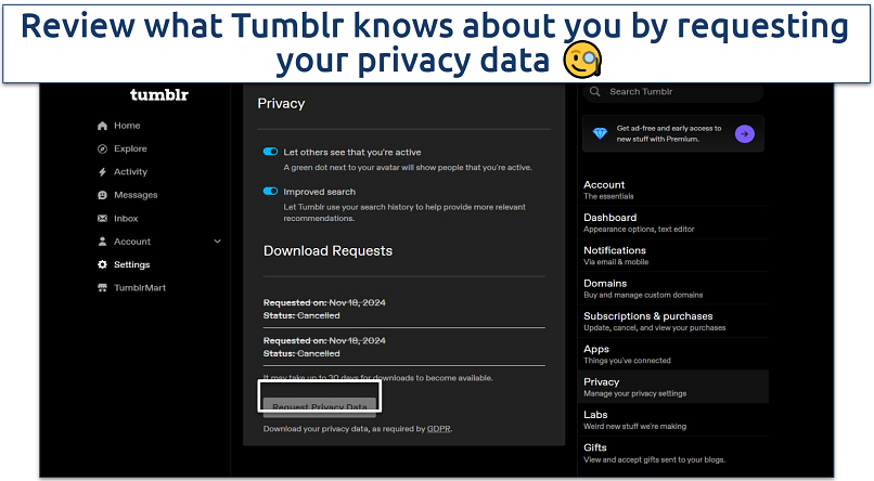 Screenshot of Tumblr request privacy data