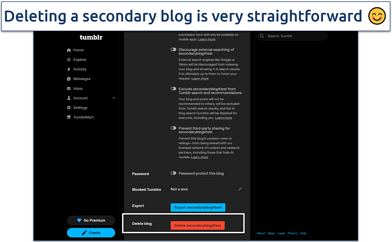 Screenshot of Tumblr secondary blog deletion