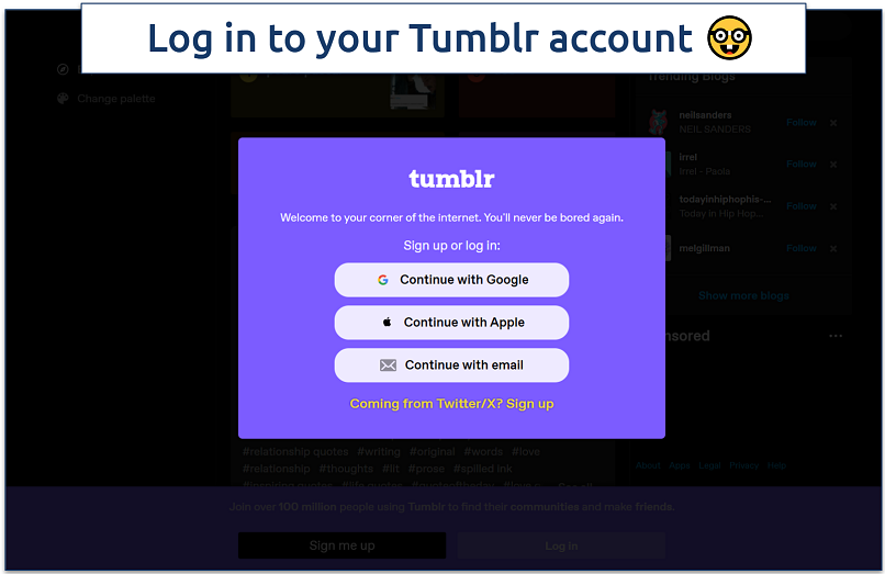 Screenshot of Tumblr login screen