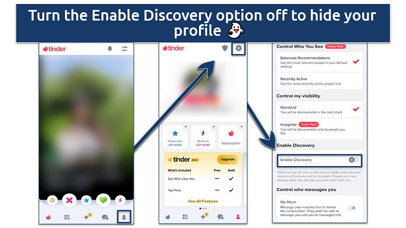 Screenshot of the Tinder Enable Discovery settings panel