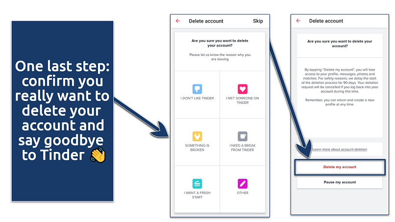 Screenshots of the Tinder account deletion