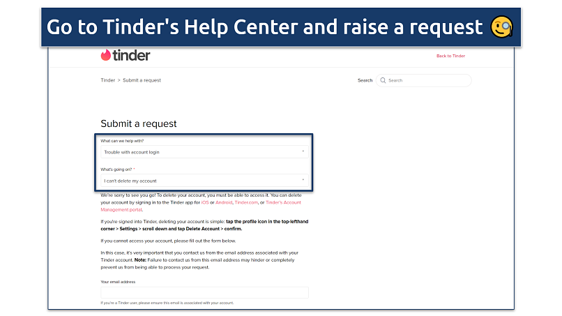 Screenshot of Tinder's Help Center page